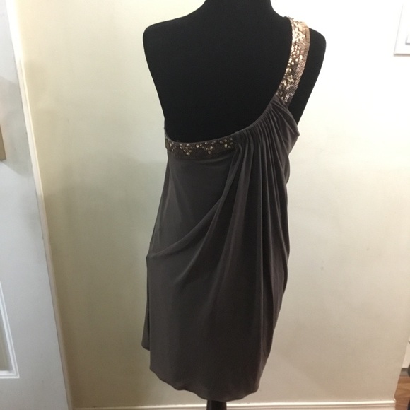 Beautiful BCBGMAXAZRIA cocoa one-shoulder mini dress gold/copper beading - Picture 5 of 12